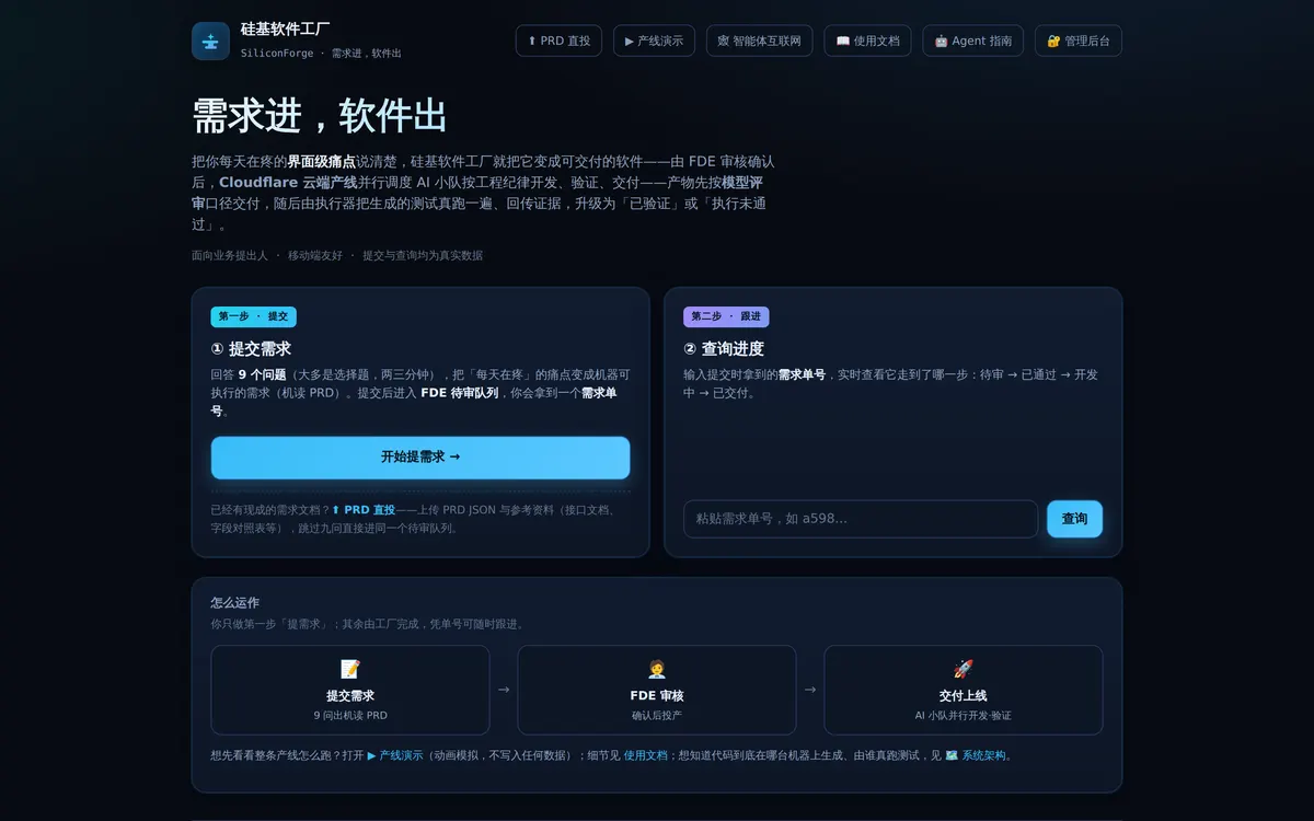 硅基软件工厂 · SiliconForge 网站截图